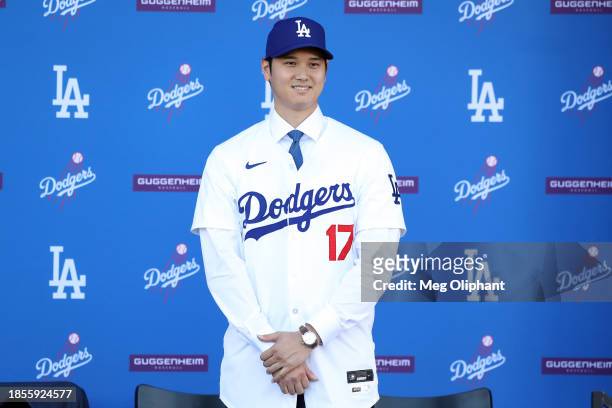 Shohei Ohtani is introduced by the Los Angeles Dodgers at Dodger Stadium on December 14, 2023 in Los Angeles, California.
