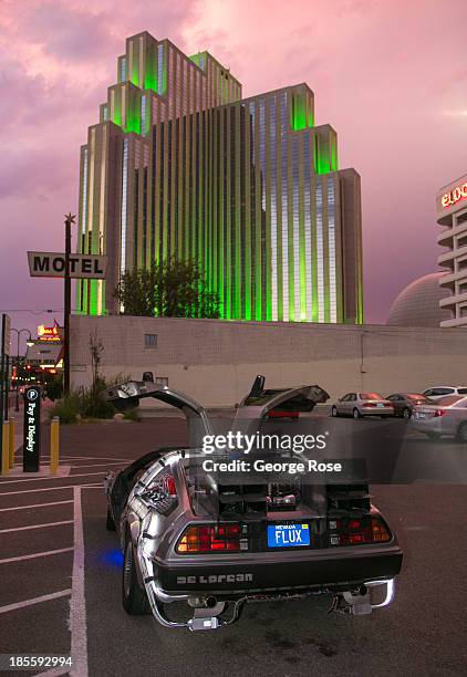 DeLorean automobile designed to look like the one used in the 1985 movie "Back To The Future" is parked on a downtown side street on September 14 in...