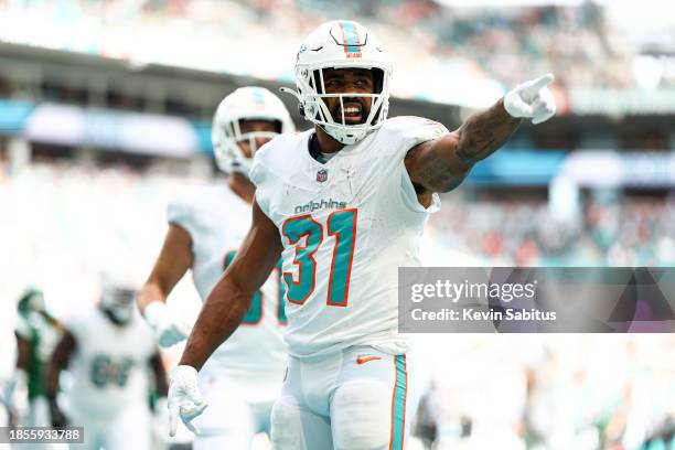 Raheem Mostert of the Miami Dolphins celebrates after scoring a touchdown to set the Dolphin's single-season rushing touchdown record during the...