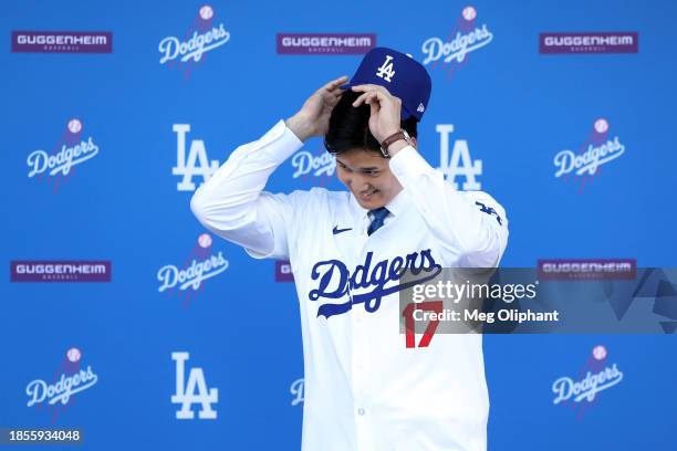 Shohei Ohtani is introduced by the Los Angeles Dodgers at Dodger Stadium on December 14, 2023 in Los Angeles, California.