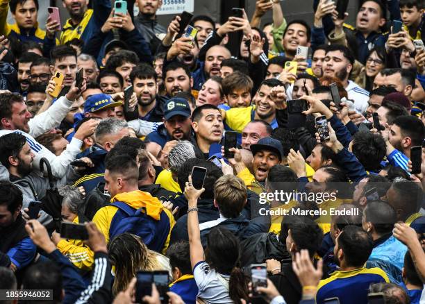 Former player and candidate for President of Boca Juniors Juan Roman Riquelme greets the fans after voting during the presidential elections in Boca...