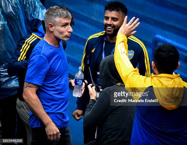 Former Boca Juniors player and head coach of Platense Martin Palermo leaves the Estadio Alberto J. Armando after voting during the presidential...