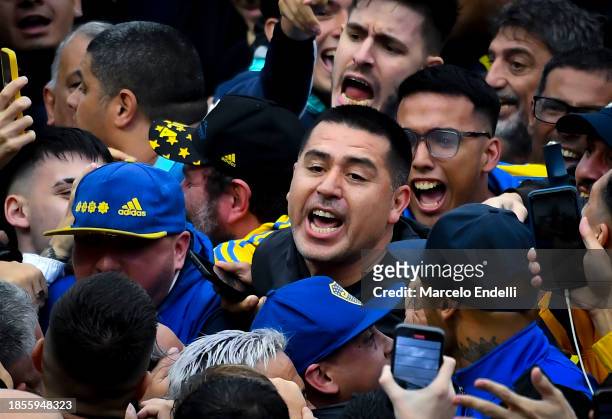 Former player and candidate for President of Boca Juniors Juan Roman Riquelme greets the fans after voting during the presidential elections in Boca...