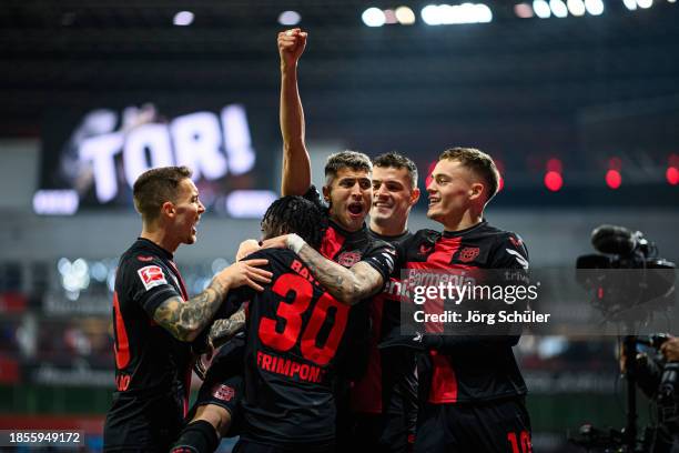 Jeremie Frimpong, Alejandro Grimaldo, Exequiel Palacios, Florian Wirtz, Granit Xhaka of Leverkusen celebrate his team's second goal during the...
