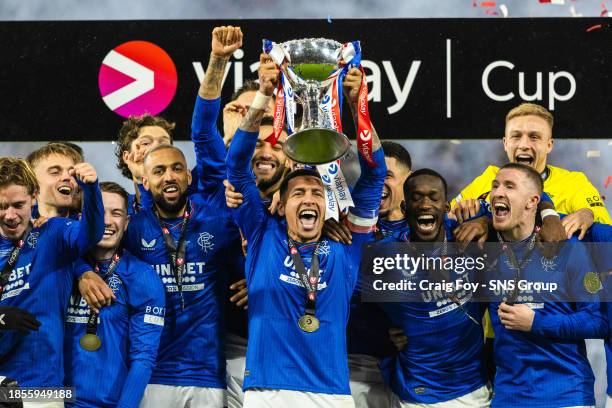 Rangers' James Taverneir lifts the Viaplay Cup during the Viaplay Cup Final match between Rangers and Aberdeen at Hampden Park, on December 17 in...