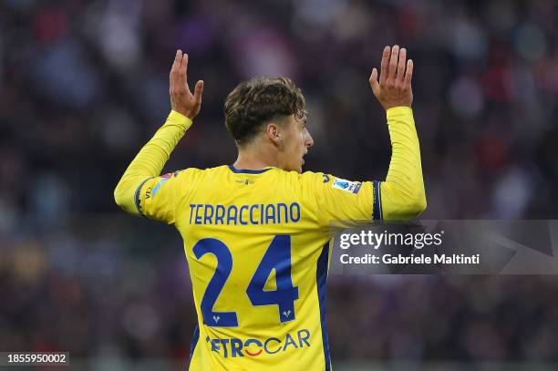 Filippo Terracciano of Hellas Verona gestures during the Serie A TIM match between ACF Fiorentina and Hellas Verona FC at Stadio Artemio Franchi on...