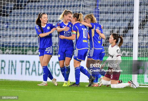 Lena Petermann of Leicester City Women celebrates scoring the opening goal for Leicester City Women with Missy Goodwin of Leicester City Women,...