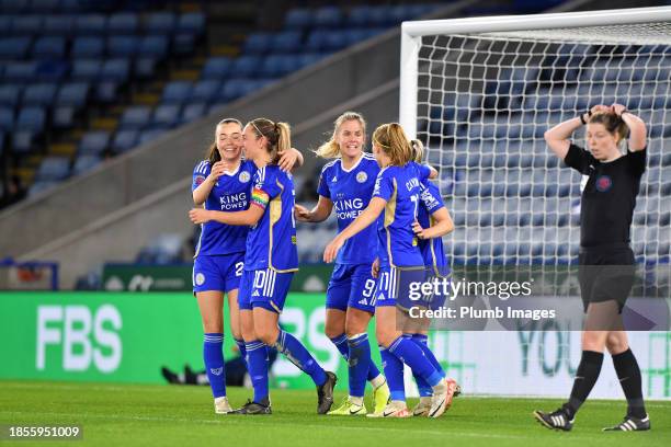 Lena Petermann of Leicester City Women celebrates scoring the opening goal for Leicester City Women with Missy Goodwin of Leicester City Women,...