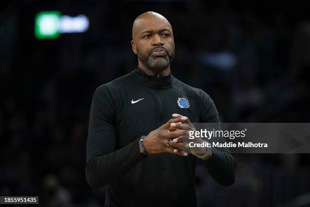Head coach Jamahl Mosley of the Orlando Magic looks on during the first half against the Boston Celtics at TD Garden on December 17, 2023 in Boston,...