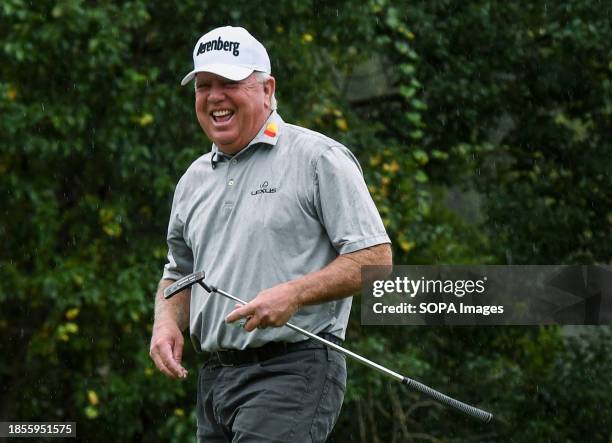 Mark O'Meara reacts after putting on the ninth hole during the first round of the PNC Championship at the Ritz-Carlton Golf Club in Orlando, Florida.