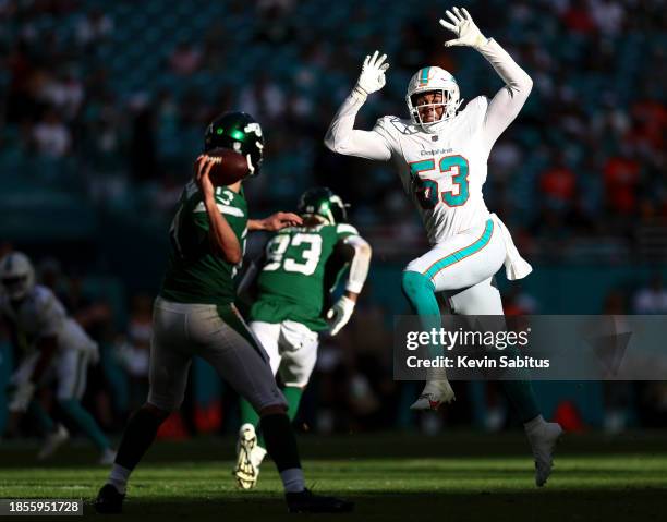 Cameron Goode of the Miami Dolphins rushes the quarterback during the fourth quarter of an NFL football game against the New York Jets at Hard Rock...