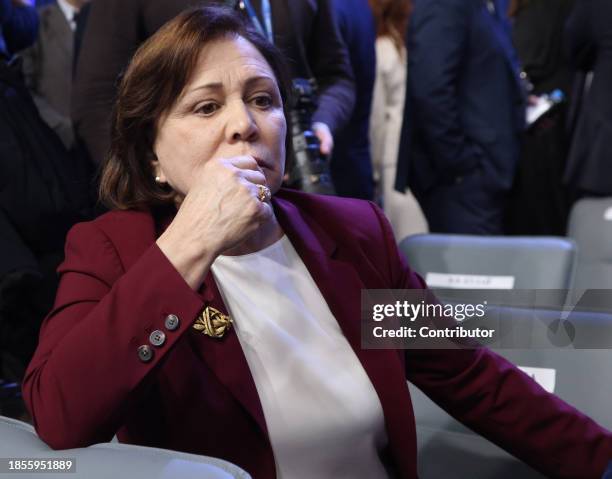 Russian State Duma Member and retired figure skater Irina Rodnina grimases during the 21th Congress of the United Russia Party, December 2023, in...