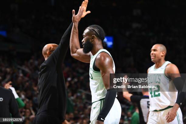 Jaylen Brown of the Boston Celtics celebrates during the game against the Orlando Magic on December 17, 2023 at the TD Garden in Boston,...