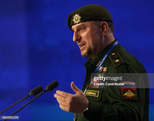 Russian and Chechen politician, Akhmad battalion's commader Apti Alaudinov speeches during the 21th Congress of the United Russia Party, December...