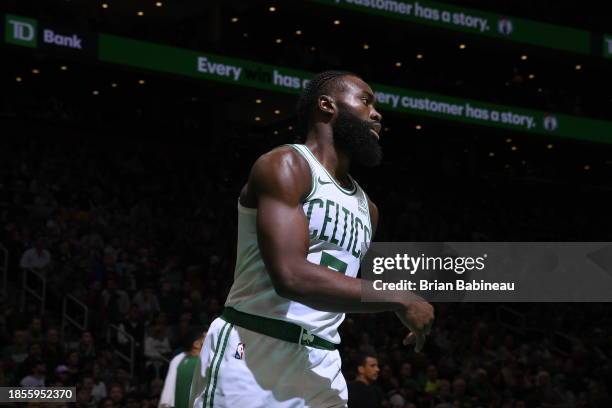 Jaylen Brown of the Boston Celtics looks on during the game against the Orlando Magic on December 17, 2023 at the TD Garden in Boston, Massachusetts....