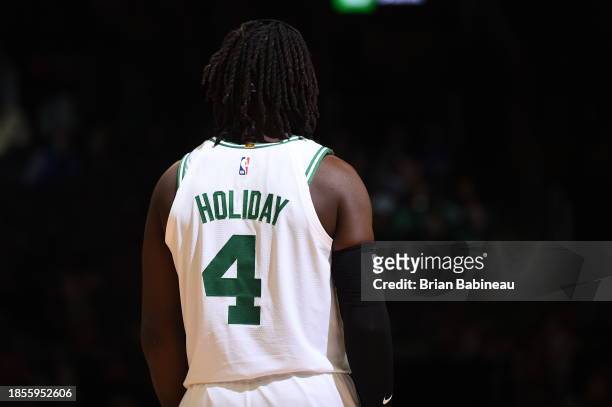 Jrue Holiday of the Boston Celtics stands on the court during the game against the Orlando Magic on December 17, 2023 at the TD Garden in Boston,...