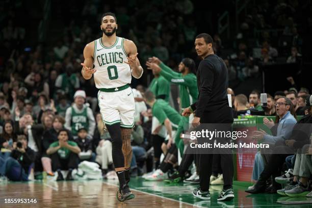 Jayson Tatum of the Boston Celtics reacts during the second half against the Orlando Magic at TD Garden on December 17, 2023 in Boston,...