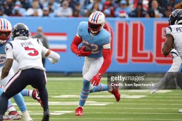 Tennessee Titans running back Derrick Henry runs the ball during a game between the Tennessee Titans and Houston Texans, December 17, 2023 at Nissan...