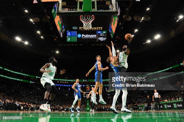 Jaylen Brown of the Boston Celtics shoots the ball during the game against the Orlando Magic on December 17, 2023 at the TD Garden in Boston,...