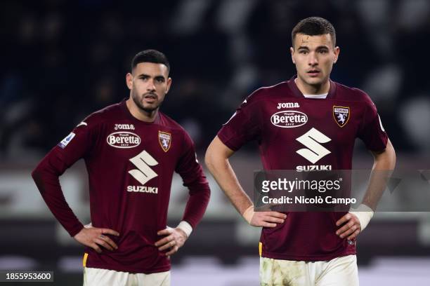 Alessandro Buongiorno and Antonio Sanabria of Torino FC look on during the Serie A football match between Torino FC and Empoli FC. Torino FC won 1-0...