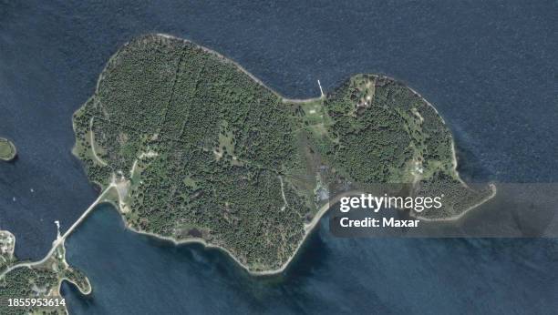 Maxar overview satellite imagery of Oak Island in Nova Scotia, Canada. Please use: Satellite image 2023 Maxar Technologies.