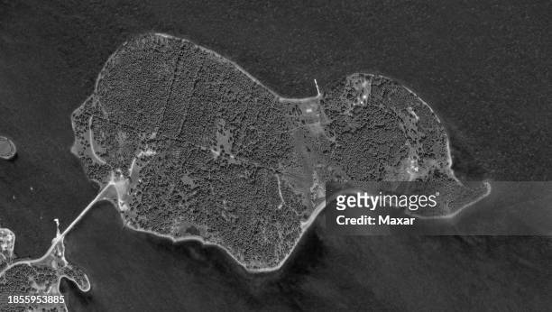 Maxar overview satellite imagery of Oak Island in Nova Scotia, Canada in black and white. Please use: Satellite image 2023 Maxar Technologies.