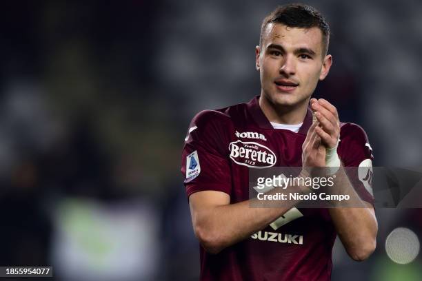 Alessandro Buongiorno of Torino FC gestures at the end of the Serie A football match between Torino FC and Empoli FC. Torino FC won 1-0 over Empoli...