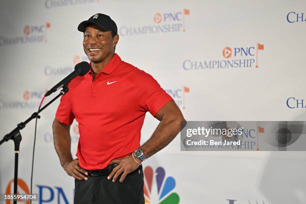 Tiger Woods talks to the media during the final round of the PNC Championship at Ritz-Carlton Golf Club on December 17, 2023 in Orlando, Florida.