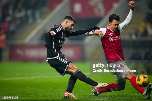 Rafa Silva of Benfica attempts a kick while being defended by José Fonte of Braga during the Liga Portugal Bwin match between Sporting Braga and SL...