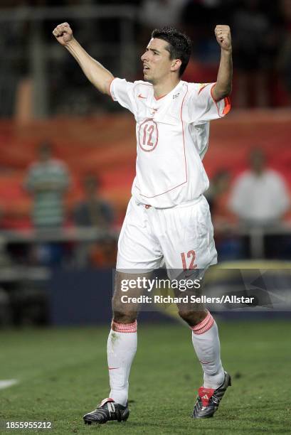 June 26: Roy Makaay of Netherlands celebrates penalty during the UEFA 2004 Quarter Final match between Sweden and Netherlands at Faro-loule Stadium...