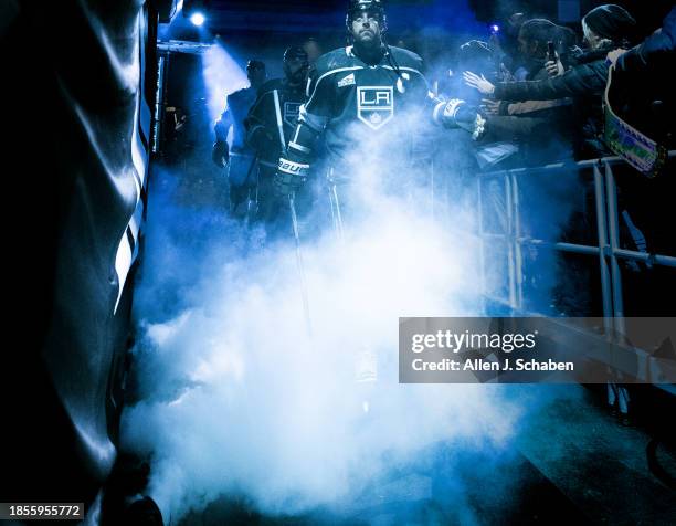 Los Angeles, CA Kings center Anze Kopitar, is introduced along with the team before a game against the Winnipeg Jets at Crypto.com Arena in Los...