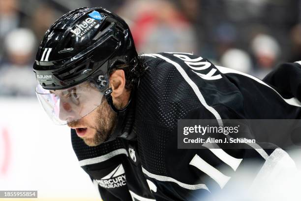 Los Angeles, CA Kings center Anze Kopitar prepares for a face-off with Winnipeg Jets at Crypto.com Arena in Los Angeles Wednesday, Dec. 13, 2023.