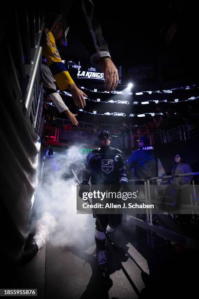 Los Angeles, CA Kings center Anze Kopitar, is introduced along with the team before a game against the Winnipeg Jets at Crypto.com Arena in Los...