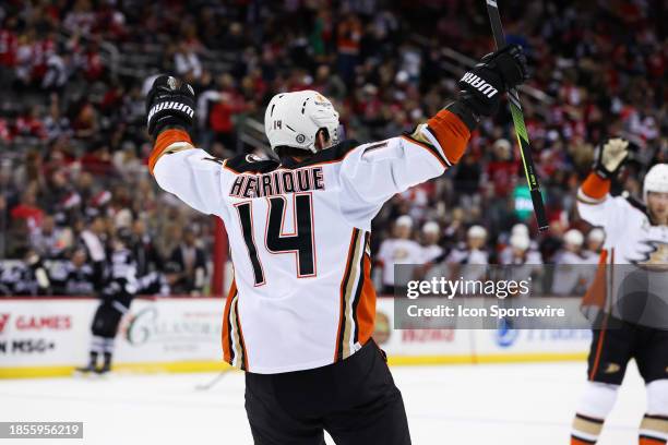 Anaheim Ducks center Adam Henrique celebrates after scoring his third goal of the game during a game between the Anaheim Ducks and New Jersey Devils...