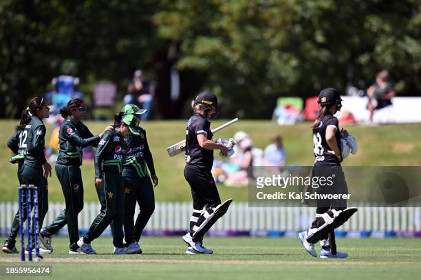 Sophie Devine of New Zealand looks dejected after being bowled by Ghulam Fatima of Pakistan during game three of the Women's ODI series between New...