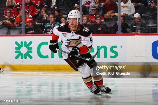 Cam Fowler of the Anaheim Ducks skates in the third period of the game against the New Jersey Devils at the Prudential Center on December 17, 2023 in...