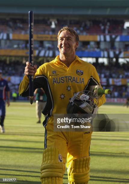 Andy Bichel of Australia celebrates during the ICC Cricket World Cup 2003, Pool A match between Australia and England held on March 2, 2003 at St...