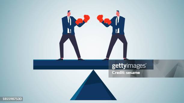 business strategy and business conflict, games between competitors, fair play, two businessmen boxing on a balanced seesaw - fighting stance stock illustrations