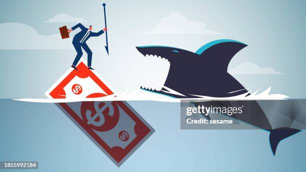 stockillustraties, clipart, cartoons en iconen met against risks and crises, unafraid to take risks, challenging and overcoming difficulties, existential crises, businessman standing with a steel fork on a bill floating on the water against a jumping shark - harpoen