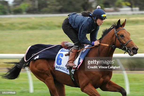 Samantha Cobley riding Ruscello in a track gallop at Werribee Racecourse on October 23, 2013 in Melbourne, Australia.