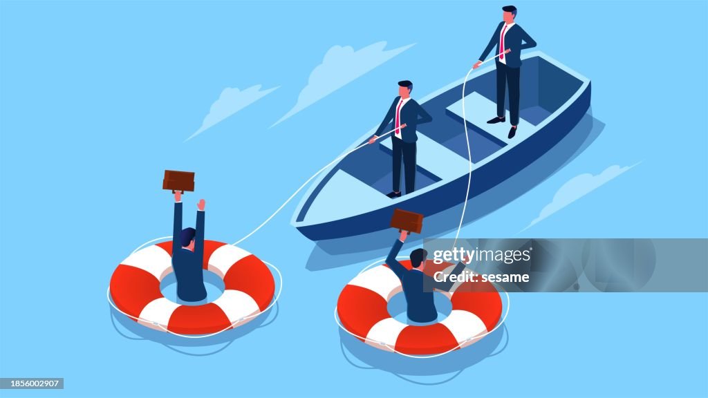 Business Rescue, Help and Rescue in Crisis, Solving Crisis and Safety Problems, Isometric Drowning Desperate Businessmen Getting Rescued by Lifebuoys