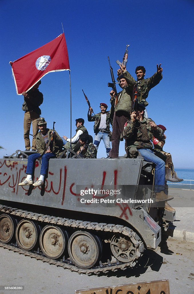 Druze Militiamen celebrate the evactuation of American,...