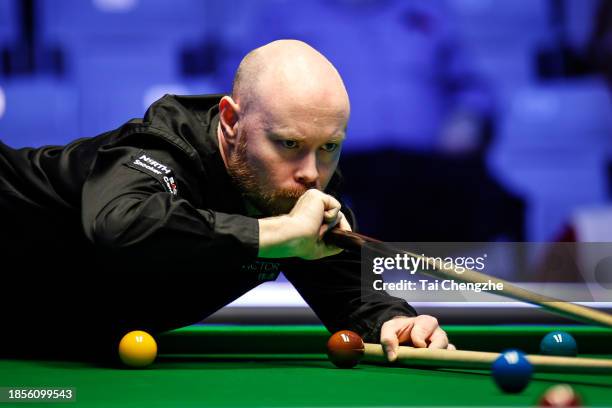 Gary Wilson of England plays a shot in the second round match against Joe O'Connor of England on day 4 of the 2023 BetVictor Scottish Open at the...