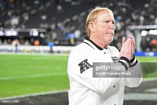 Owner and managing general partner Mark Davis of the Las Vegas Raiders looks on before his team play against the Los Angeles Chargers at Allegiant...