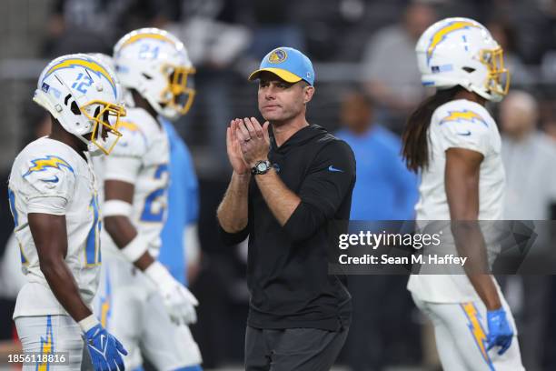 Head coach Brandon Staley of the Los Angeles Chargers looks on before playi against the Las Vegas Raiders at Allegiant Stadium on December 14, 2023...