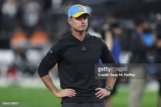 Head coach Brandon Staley of the Los Angeles Chargers looks on before playing against the Las Vegas Raiders at Allegiant Stadium on December 14, 2023...