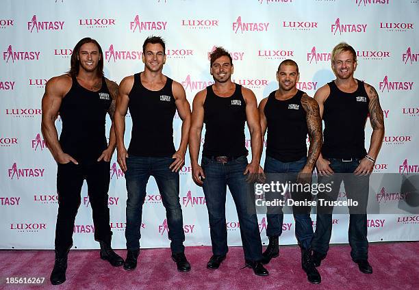 The cast of Thunder From Down Under arrive at the FANTASY calendar launch at the Luxor Hotel and Casino on October 22, 2013 in Las Vegas, Nevada.