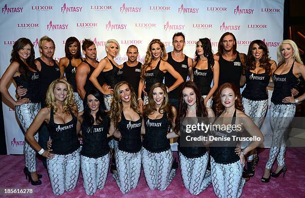 The cast of FANTASY and the cast of Thunder From Down Under arrive at the FANTASY calander launch at Luxor Hotel and Casino on October 22, 2013 in...