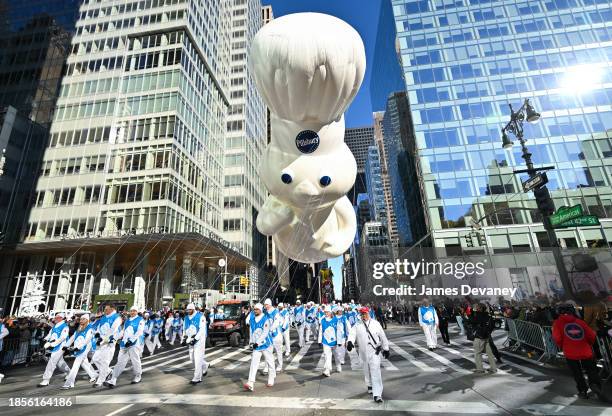 View of the Pillsbury Doughboy balloon at the 97th Annual Macy's Thanksgiving Day Parade on November 23, 2023 in New York City.