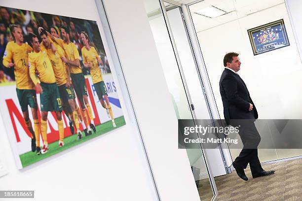 Ange Postecoglou arrives at a press conference at the FFA Headquarters on October 23, 2013 in Sydney, Australia. The FFA today announced Postecoglou...